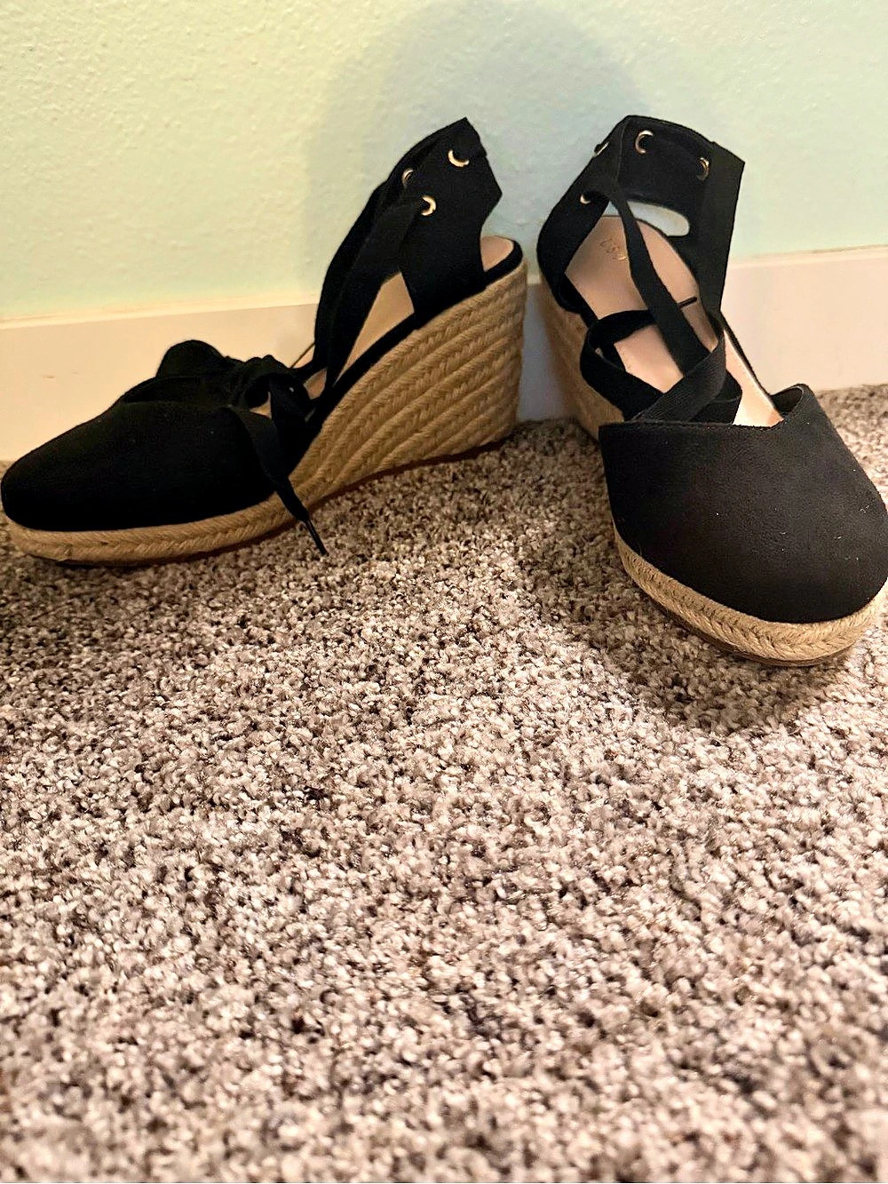 Allegra K Women Ankle Tie Espadrille Wedges Black & Brown